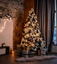 Christmas New Year interior with loft design studio decorated fir tree with garlands balls and gift present boxes horizontal image Royalty Free Stock Photo