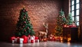 Christmas, New Year interior with red brick wall background, decorated fir tree Royalty Free Stock Photo