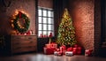 Christmas, New Year interior with red brick wall background, decorated fir tree Royalty Free Stock Photo