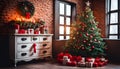 Christmas, New Year interior with red brick wall background, decorated fir tree Royalty Free Stock Photo