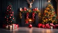 Christmas, New Year interior with red brick wall background, decorated fir tree Royalty Free Stock Photo