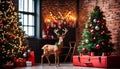 Christmas, New Year interior with red brick wall background, decorated fir tree Royalty Free Stock Photo