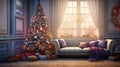 Christmas and New Year interior of room. Festive living room with large window, sofa with cushions and blanket