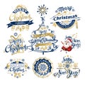 2019 Christmas and New year labels and borders. Decoration set of calligraphic design with typographic labels, and icons elements