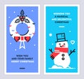 Christmas and New Year linear cards set with snowman and wreath. Set of xmas design templates for print or web. Vector. Royalty Free Stock Photo