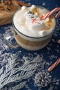 Christmas and New Year. Marshmallow snowman in hot latte in a mug. Vertical photo