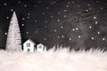 Christmas and New Year miniature house with fir trees and snowfall on black background.