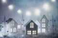 Christmas and New Year miniature magical house in the snow at night and bokeh city lights. Christmas decorations. Royalty Free Stock Photo