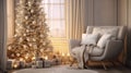 Christmas and New Year modern interior in white colors. Festive living room with large windows, sofa with cushions and blanket