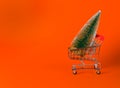 Christmas, new year mood on red background. supermarket trolley with green Christmas tree