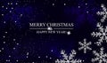 Christmas and New Year navy blue background with silver snowflakes. Xmas decoration. Template for greeting card, banner or poster