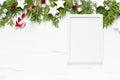 Christmas, New Year or Noel holiday festive winter greeting card with decorations, frame, x-mas ornaments, stars and xmas bells on Royalty Free Stock Photo