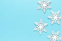 Christmas, New Year or Noel holiday festive winter greeting card with xmas decorations, snowflakes on blue background, x-mas flat Royalty Free Stock Photo