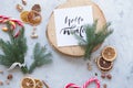 Christmas, New Year or Noel holiday festive winter greeting card with xmas decorations word Hello winter, top view Royalty Free Stock Photo