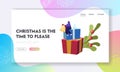 Christmas and New Year Party Celebration Website Landing Page. Woman Sitting on Heap of Festive Presents Holding Bell