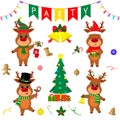 Christmas and New Year party 2020. Set of four cute reindeer in different costumes. Christmas tree, gifts, bells, sweets and other Royalty Free Stock Photo