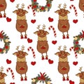 Christmas New Year pattern. Cute deers, candy canes and Christmas wreaths.