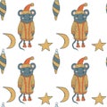 Christmas New Year pattern. Cute little mouse in a sweater and hat, Christmas toys, stars and the moon. Royalty Free Stock Photo