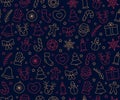 Christmas and New Year pattern line icons on dark blue background. Seamless wallpaper. Greeting happy chrismas. Vector Royalty Free Stock Photo