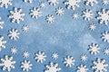 Christmas and New Year pattern made of wooden snowflakes on a blue background. Christmas, winter, new year concept. Flat lay, top Royalty Free Stock Photo