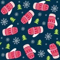 Christmas and New Year pattern with mittens and Christmas trees. Royalty Free Stock Photo