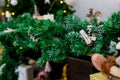 Christmas and New Year photo studio, green tree, cones tree, garlands, white wall.