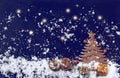 christmas, new year postcard, golden spruce, gifts, cones, night background