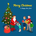 Christmas New Year postcard Santa family flat isometric vector Royalty Free Stock Photo