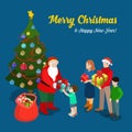 Christmas New Year postcard Santa family flat isometric vector