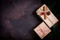 Christmas or New Year present. Vintage gift box on a dark background. Top view with copy space