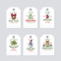 Christmas and New Year Ready-to-Use Bright Colours Gift Tags or Labels Templates Set. Hand Drawn Bell with Ribbon