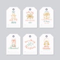 Christmas and New Year Ready-to-Use Pastel Colour Gift Tags or Labels Templates Set. Hand Drawn Cookie Man, Mistletoe Royalty Free Stock Photo