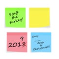 Christmas, New Year reminders. Stuff turkey, shopping days etc. Plus blank sticky note for your message. On white. Royalty Free Stock Photo