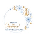 Christmas, New Year round frame. Snowflakes and golden christmas toys, stars. Royalty Free Stock Photo