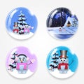 Christmas, new year round glass crystall ball globe set with cute cartoon snowman, winter house and snow isolated on white backgro Royalty Free Stock Photo