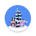 Christmas, new year round sign with cute cartoon snowman, snowgirl and xmas tree on white