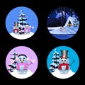 Christmas, new year round signs set with cute cartoon characters on black