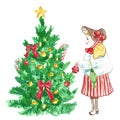Christmas and New Year`s card background with girl decorating a christmas tree
