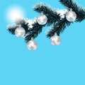 Christmas, New Year's card. Frosty winter day. Silver balls on a snow-covered tree branch. Royalty Free Stock Photo
