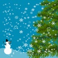 Christmas, New Year's card. Green tree. Cheerful snowman. Celebratory background of falling snow. illustration Royalty Free Stock Photo