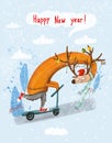 Christmas And New Year`s Card For The Holiday. Deer On A Scooter. Can Be Used For Postcards, Posters And More