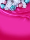 Christmas, new year`s composition of silver and blue Christmas tree toys and a white Christmas tree on a pink background. Royalty Free Stock Photo