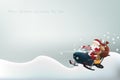 Christmas and New Year`s concept is presented with a Santa Claus riding a snow motor in the thick snow with reindeer and a huge