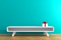 Christmas and New Year`s Day, Gift box with red ribbon in livingroom on wood table Royalty Free Stock Photo