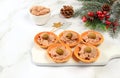 Christmas and New Year\'s dishes, a set of snacks and refreshing drinks for the holiday table. Plate with tartlets of pate,