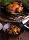 Christmas and new year's eve dinner: roasted whole chicken / turkey, sweet potato salad and dessert Royalty Free Stock Photo