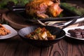 Christmas and new year's eve dinner: roasted whole chicken / turkey, sweet potato salad and dessert Royalty Free Stock Photo