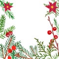 Christmas and New Year`s greenery banner with hand drawn watercolor winter evegreen plants and red berries.