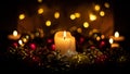 New Year - Christmas card. Burning candle against a background of holiday lights and toys. Royalty Free Stock Photo
