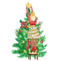 Christmas and New Year`s scene with girl decorating festive christmas tree with topper star